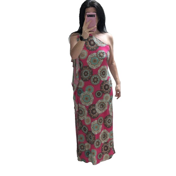 NWOT Entro Women's One Shoulder Maxi Dress Pink Mandala with Slit Size Small - Picture 8 of 11